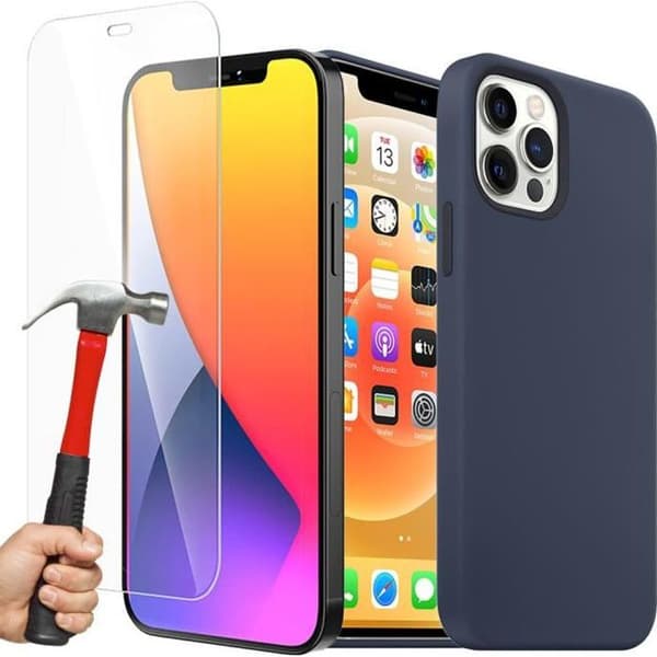 Coque Silikonvätska - E.F.CONNECTION - för iPhone 12 (6,1") - Stöttålig - Härdat Glas - Mörkblå marinblå