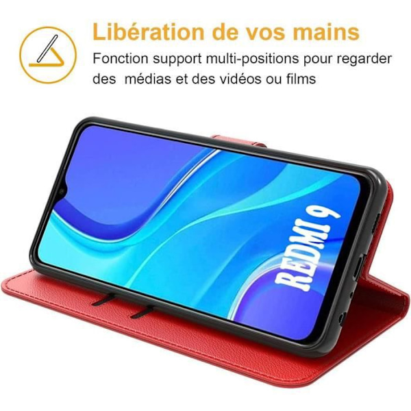 Set med 2 härdade glasögon + fodral för Redmi 9 (6,53") Röd enfärgad lädereffekt 360 graders skydd Flexibel Röd