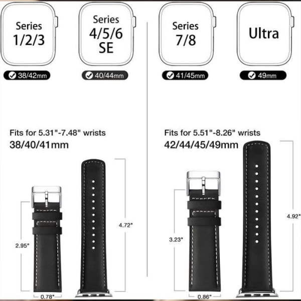 Læderrem til Apple Watch 42mm-44mm-45mm-49mm Series Ultra-Ultra 2, 9 8 SE 7 6 5 4 3 2 1 med rustfrit stålspænde - Sort