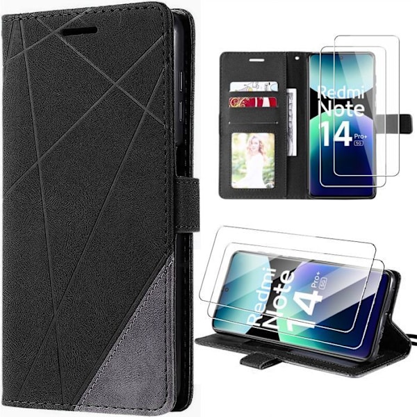 Coque + 2 Tempere Glass til Xiaomi Redmi Note 14 Pro Plus 5G / Redmi Note 14 Pro+ 5G, Anti-Ridser PU Læder Sort Svart