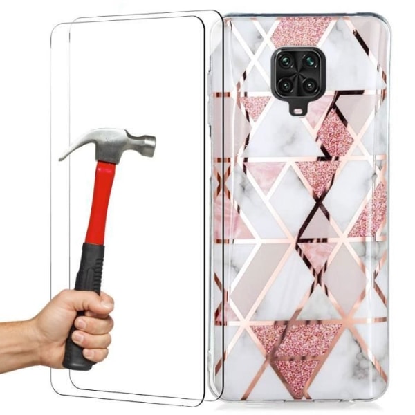 Etui til Redmi Note 9Pro (6,67") med hærdet glas slankt design, stød- og ridsefast TPU glat blank finish Pink Rosa