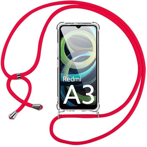 Coque - Xiaomi - Redmi A3 - Stødabsorberende Beskyttelse - Justerbar Skulderrem - Transparent Silikone Klart, rött