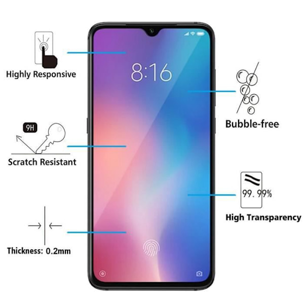 Skärmskydd - VCOMP - Xiaomi Mi 9 SE - Härdat glas - Svart - Paket med 2 SVART