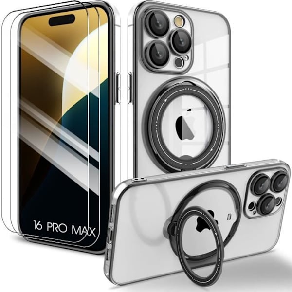 Etui + 2 hærdede briller til iPhone 16 Pro Max - Beskyttelse med roterende magnetisk ring og sort kant