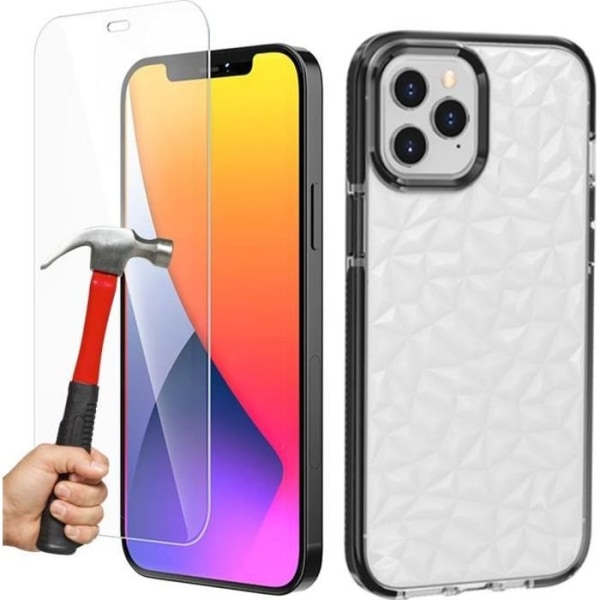 Silikonetui + skærmbeskytter til iPhone 12 Pro Max, stødsikker solidt 3D elegant diamantmønster - sort