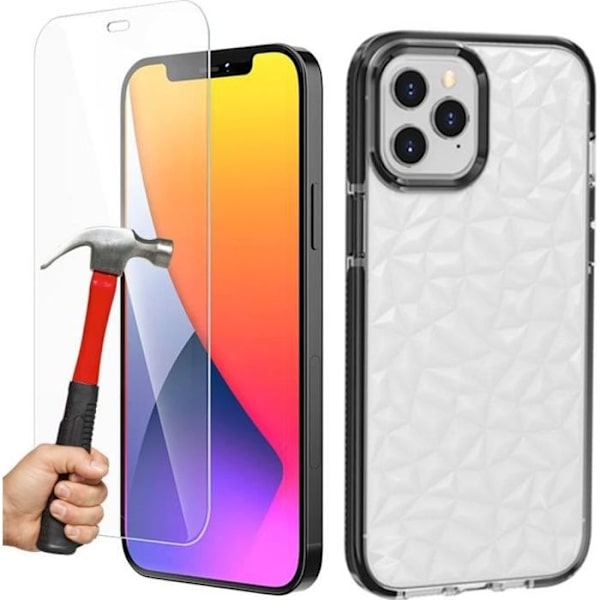 Silikonfodral + skärmskydd för iPhone 12 Pro Max, stötsäker solid 3D elegant diamantmönster - svart
