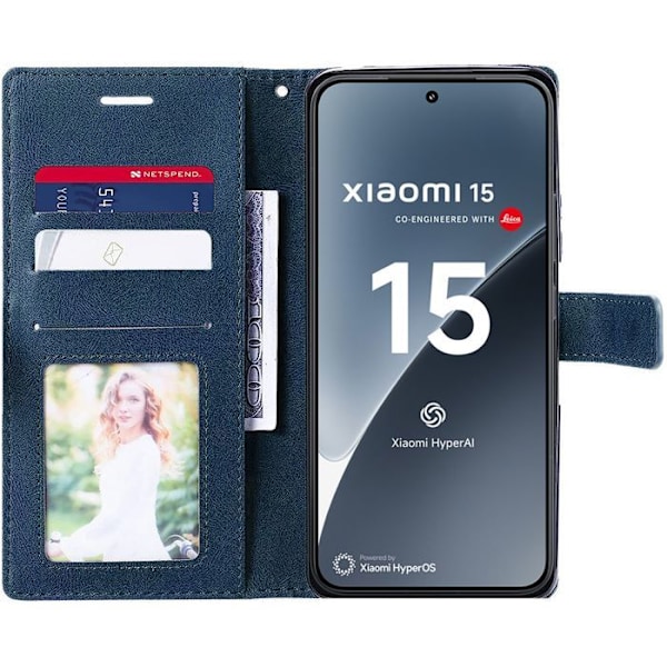 Coque + 2 Tåliga Glas för Xiaomi 15, Flip-fodral med skydd, Chockresistent Elegant Läderlook - Marinblå marinblå