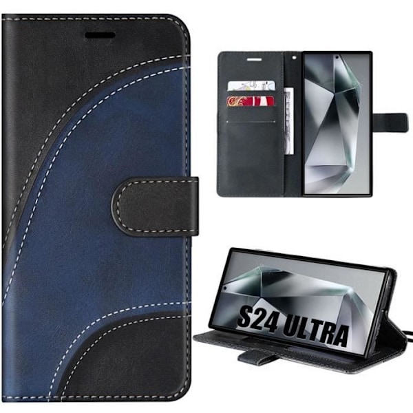 Cover til Samsung Galaxy S24 Ultra, fuld krop stødsikker lædereffekt, marineblå-sort