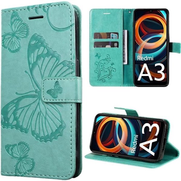 Cover til Xiaomi Redmi A3 - Læder Effekt - Sommerfuglmønster - Stødabsorberende Beskyttelse - Kortholder - Grøn Grön