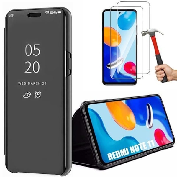 Etui til Xiaomi Redmi Note 11-11S + 2 hærdede briller - E.F.CONNECTION - Mirror Effect Smart Case - Sort Svart