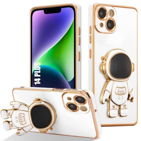 Skyddsfodral för iPhone 14 Plus - Vit - Astronaut - Reptålig - Justerbart Stöd - Flexibel Vit