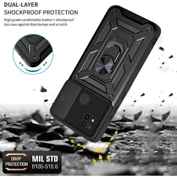 Fodral för Redmi 9C (6,53 tum) Black Army Style Stötsäker tjock rygg ring Anti-skrapa förstärkt kant Svart