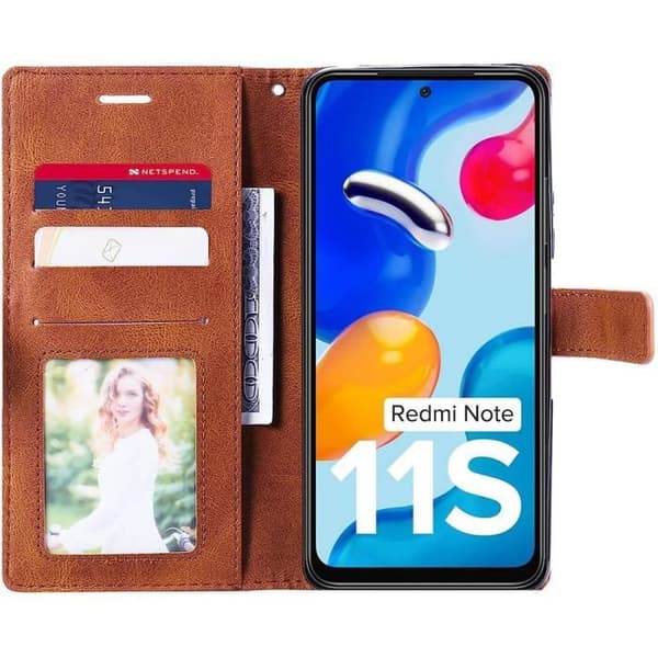 Fodral för Xiaomi Redmi Note 11S + 2 härdade glasögon, helt stötsäker lädereffekt Brun kastanj