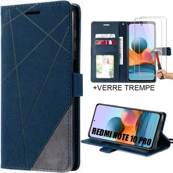 Coque och Härdat Glas - E.F.CONNECTION - För Xiaomi Redmi Note 10 Pro - Mörk Blå - Läder Effekt - Rep-resistant marinblå