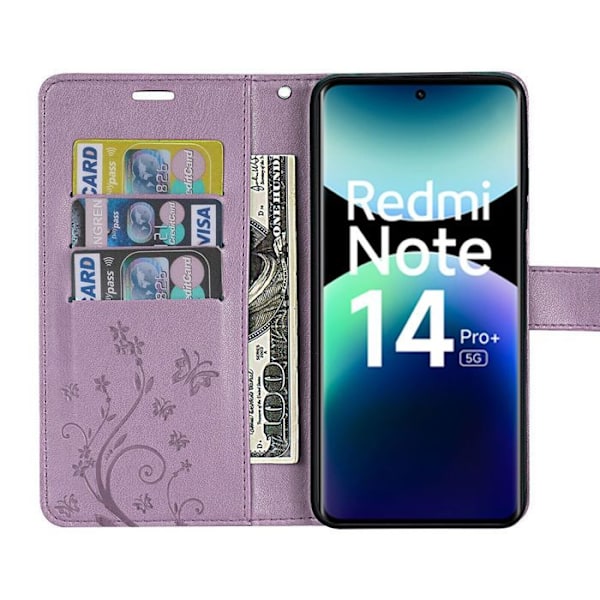 Coque + 2 Temperer Glas til Xiaomi Redmi Note 14 Pro Plus 5G/Note 14 Pro+ 5G, Beskyttelse Læder PU Lilla Plante Mønster Lila
