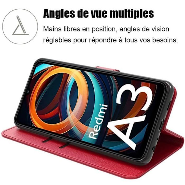 Coque för Xiaomi Redmi A3 - E.F.Connection - Röd - Antichock Läder Effekt - 2 Härdat Glas - Justerbart Stöd Röd