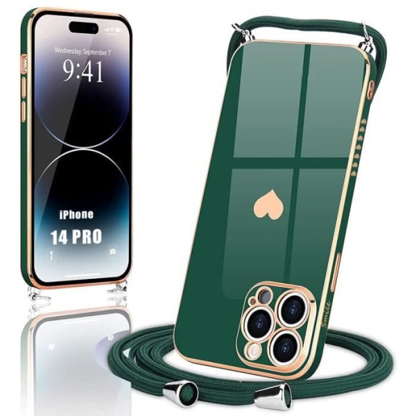 Lanyardfodral för iPhone 14 Pro Midnight Green Stötsäkert hjärtmönster Anti-Scratch Ultra Slim Lättvikt
