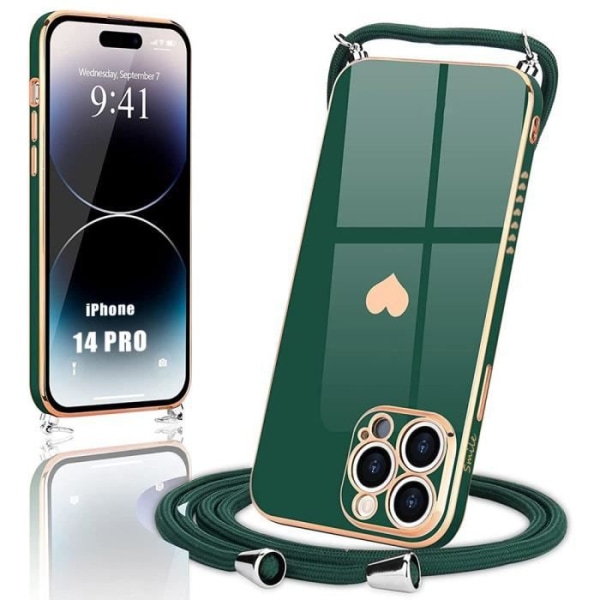 Lanyardfodral för iPhone 14 Pro Midnight Green Stötsäkert hjärtmönster Anti-Scratch Ultra Slim Lättvikt Nattgrönt