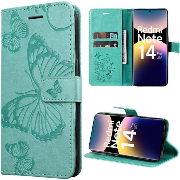 Skal för Xiaomi Redmi Note 14 Pro 5G (inte för 4G) Repstålig Skydd Fjärilsmönster PU Läder Grön Grön