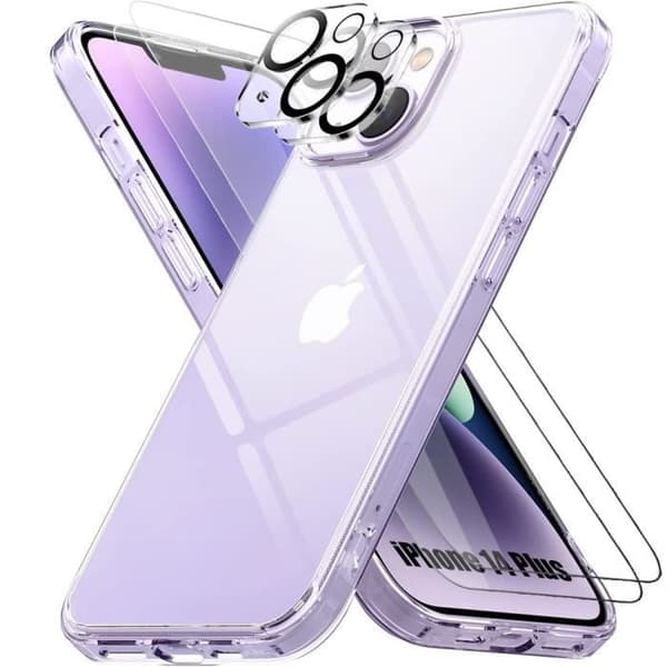 Coque TPU - Transparent - för iPhone 14 Plus - Stöttålig - 3 Härdat Glas - 2 Objektivskydd Transparent