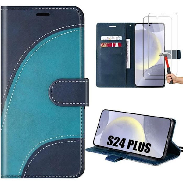 Cover til Samsung Galaxy S24 Plus - MÆRKE - Stødabsorberende Lædeeffekt - 2 Tempererede Glas - Fleksibel - Blå Blå