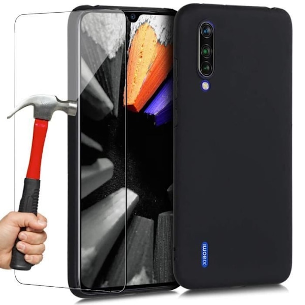Skyddsfodral för Xiaomi Mi 9 Lite - E.F.CONNECTION - Mjuk Matt Enfärgad - Svart - 2 Härdade Glas Svart