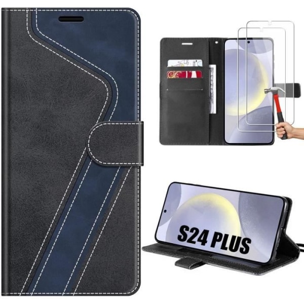 Coque til Samsung Galaxy S24 Plus - Blød Stødabsorberende PU Læder - Sort-Marinblå - 2 Stykker Tempered Glass Svart-marinblå