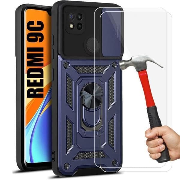 Skyddsskal - E.F.CONNECTION - För Redmi 9C - Armé Stil - Marinblå - 2 Härdade Glas marinblå