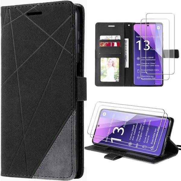 Coque - E.F.CONNECTION - För Xiaomi Redmi Note 13 Pro+ 5G - Retro Läder Effekt - 2 Härdat Glas - Stötskydd Svart