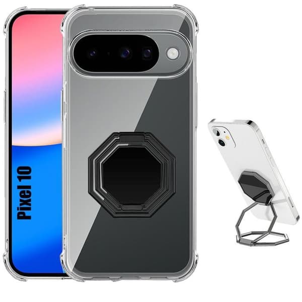 Skal för Google Pixel 10, Transparent Silikon Stötsäker med Justerbart Stöd Svart, klar