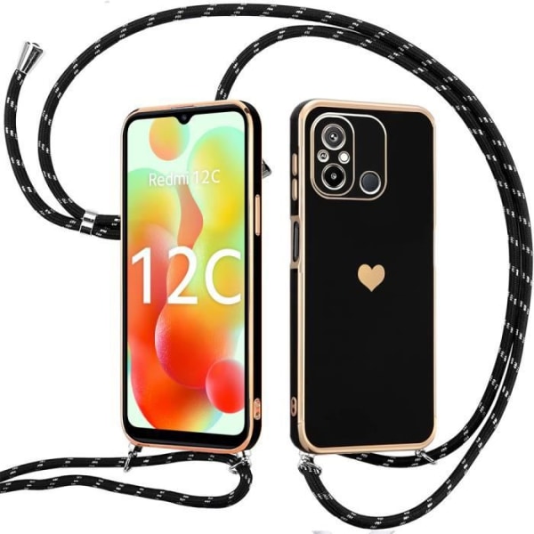 Skulderrem Case til Xiaomi Redmi 12C - Redmi 11A Soft Heart Pattern Silikone Sort