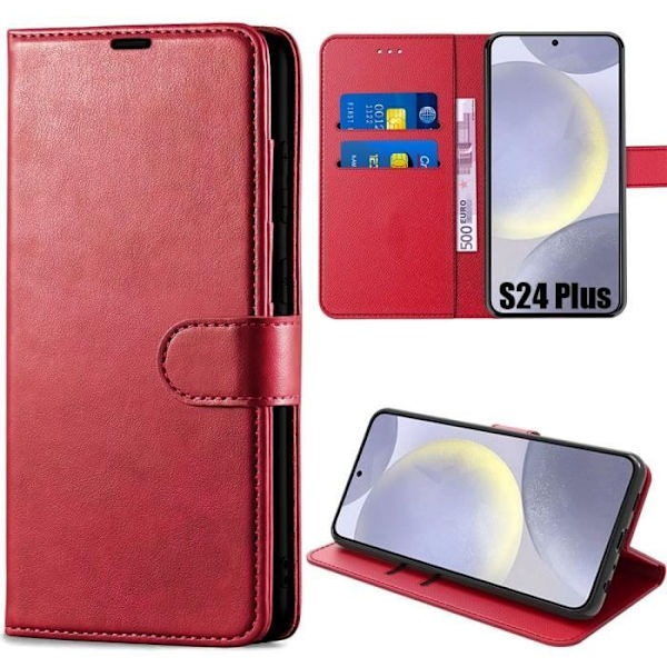 Fodral för Samsung Galaxy S24 Plus (S24+), Lädereffektskydd, Stötsäker magnetisk stängning - Röd