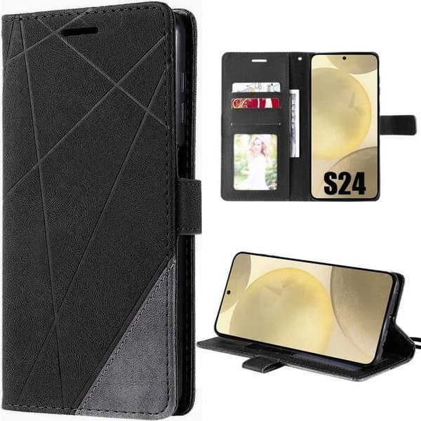 Coque - Efconnection - för Samsung Galaxy S24 - Svart Lädereffekt - 360° Skydd - Fällbart Lock Svart
