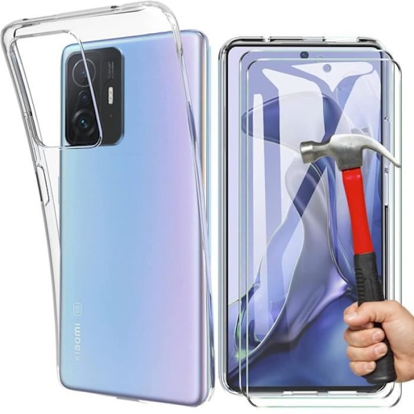 Fodral för Xiaomi Mi 11T + 2 härdade glasögon, transparent mjukt stötsäkert silikonfodral