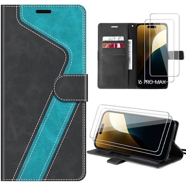 Fodral för iPhone 16 Pro Max - Anti-Scratch Blå Syntetläder Flip Fodral + 2 härdade glasögon