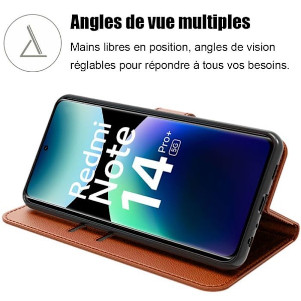 Coque + 2 Härdat Glas för Xiaomi Redmi Note 14 Pro Plus 5G, Flip Fodral i PU Läder Brun Stöttålig kastanj