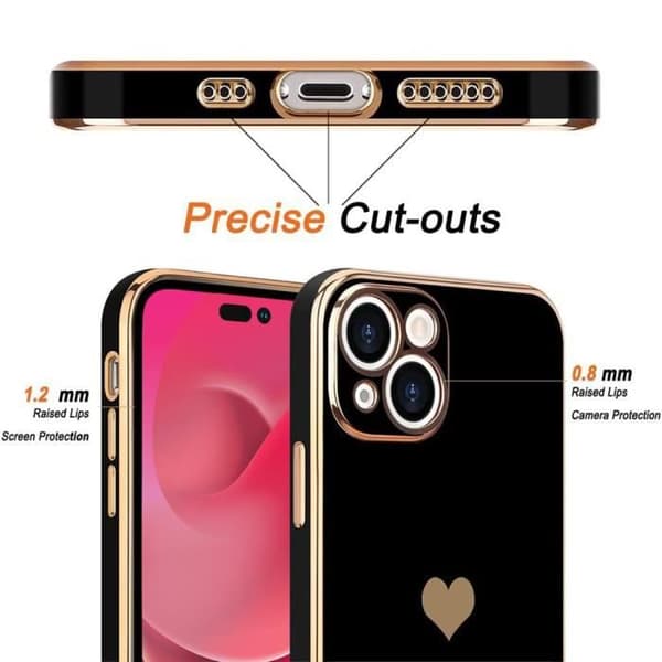 Coque - E.F.CONNECTION - för iPhone 14 - Motiv Hjärta - Stötabsorberande - Rep resistant - Guldplätering Svart
