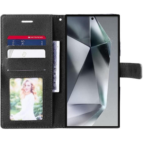 Skal för Samsung Galaxy S24 Ultra - MÄRKE - Mörkblå-Svart - Skydd med Läderlook - 2 Härdade Glas Marinblå, svart