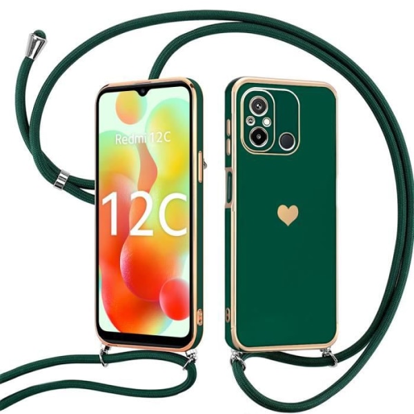 Crossbody-etui til Xiaomi Redmi 12C - Redmi 11A blød TPU midnatsgrøn stødsikkert hjertemønster