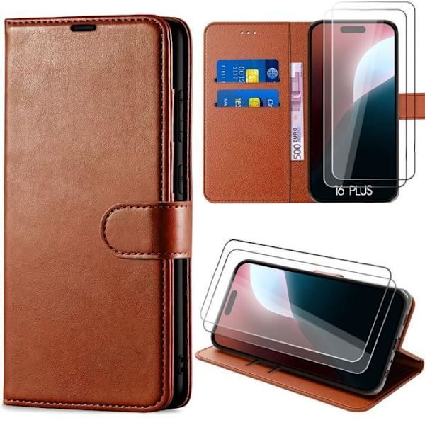 Plånboksfodral - Lyx - iPhone 16 Plus - PU-läder - 2 Härdat Glas - Repbeständig kastanj