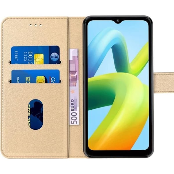 Fodral för Redmi A1+/A2+ / A1 Plus/A2 Plus - Gyllene PU-läderplånbok + 2 härdat glasögon mot repor gyllene