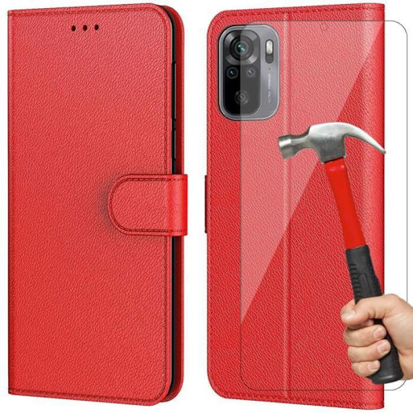 Skyddsfodral - E.F.CONNECTION - för Redmi Note 10 - Röd - Lädereffekt - Anti-Chock 360 Grader - 2 Härdade Glas Röd