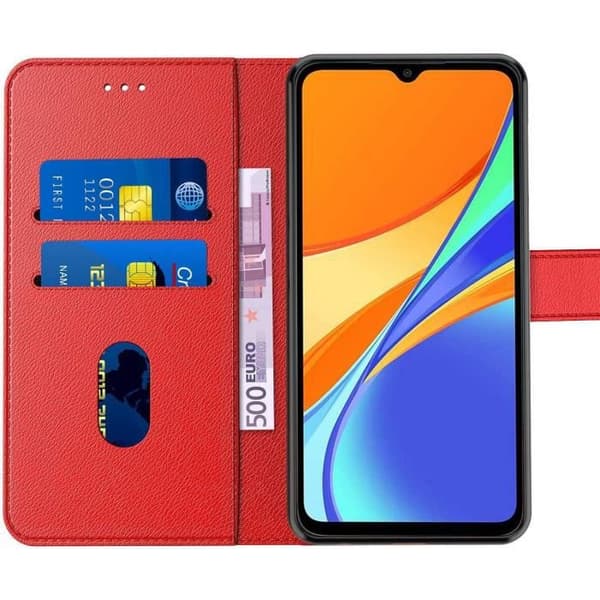 Coque - Redmi - 9C - Röd - Stötteknik - Läderlook - Plånboksetui Röd