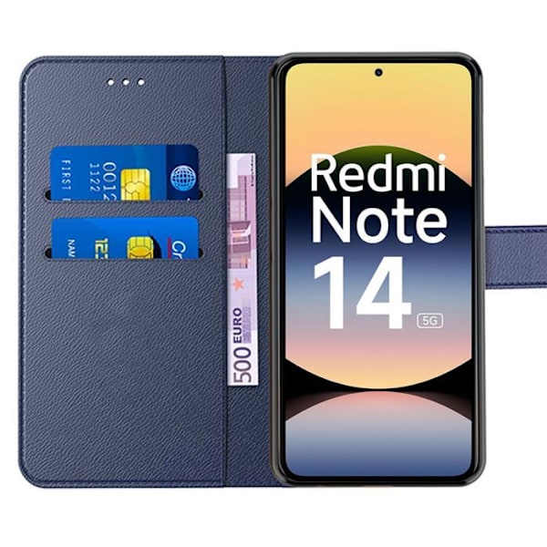 Coque + 2 Härdade Glas för Xiaomi Redmi Note 14 5G (inte för 4G) Rep-resistent Lädereffekt Blå Marin marinblå