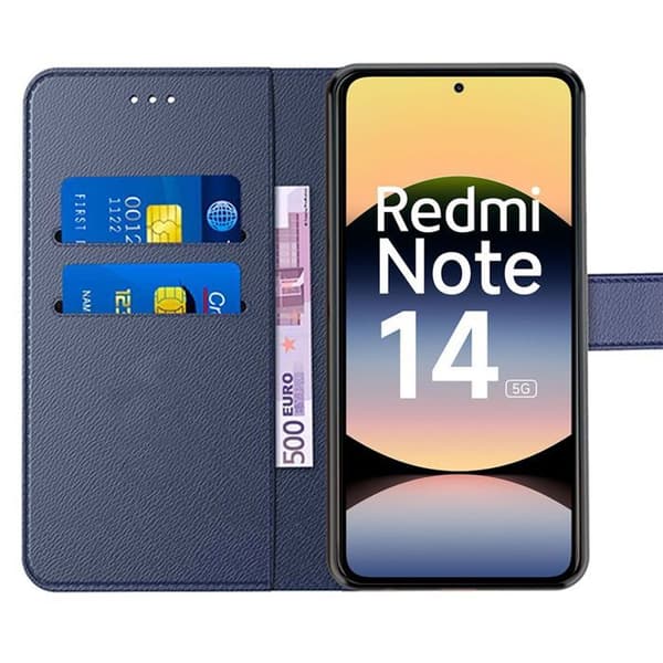 Coque - E.F.CONNECTION - För Xiaomi Redmi Note 14 5G - Syntetiskt läder - Rep resistant - 2 Härdade glas marinblå