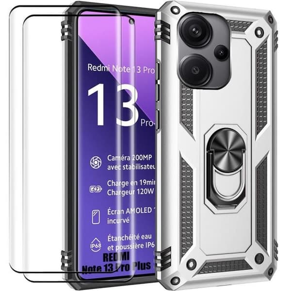 Coque och Härdade Glas - E.F.CONNECTION - För Xiaomi Redmi Note 13 Pro+ 5G - Silver - 360° Stöd - Stötsäker Silver
