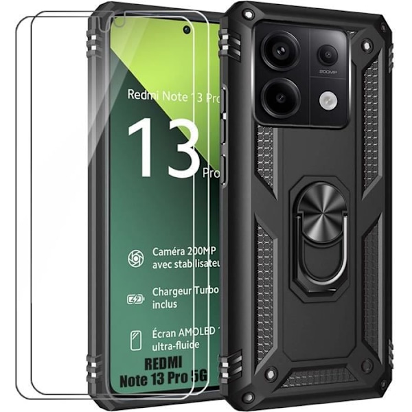 Etui til Xiaomi Redmi Note 13 Pro 5G (ikke til 4G) med 2 hærdede briller, stødsikker anti-ridsebeskyttelse, hård sort