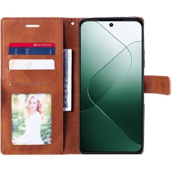 Coque för Xiaomi 14 - VARUMÄRKE - Retro - Stöttålig - PU-läder - Korthållare kastanj