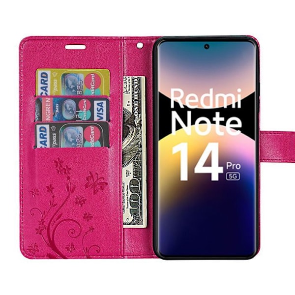 Coque + 2 Tålika Glas för Xiaomi Redmi Note 14 Pro 5G (inte för 4G) Syntetläder Mönster Relief Blomma Fjäril Fuchsia Fuchsia