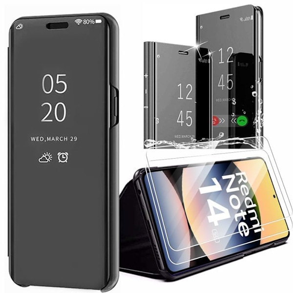 Coque för Xiaomi Redmi Note 14 5G (inte för 4G) med 2 Härdat Glas, Skydd Spegeleffekt Förstärkt Skydd - Svart Svart